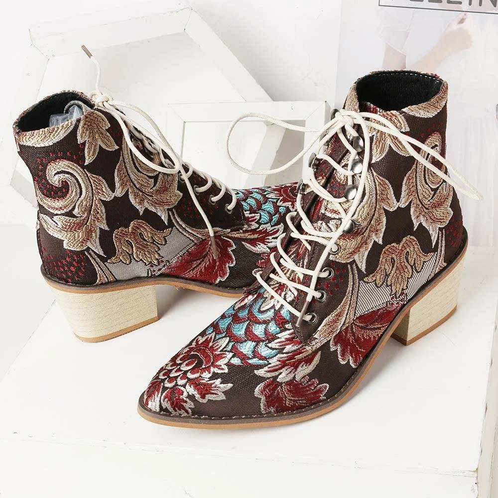 Nuheel® Woman Women's Vintage Ankle Boots Embroidered Low Block Heel 11 Nuheel® Woman Women's Vintage Ankle Boots Embroidered Low Block Heel