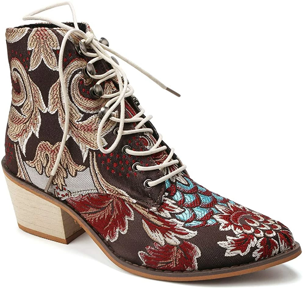 Nuheel® Woman Women's Vintage Ankle Boots Embroidered Low Block Heel 12 Nuheel® Woman Women's Vintage Ankle Boots Embroidered Low Block Heel