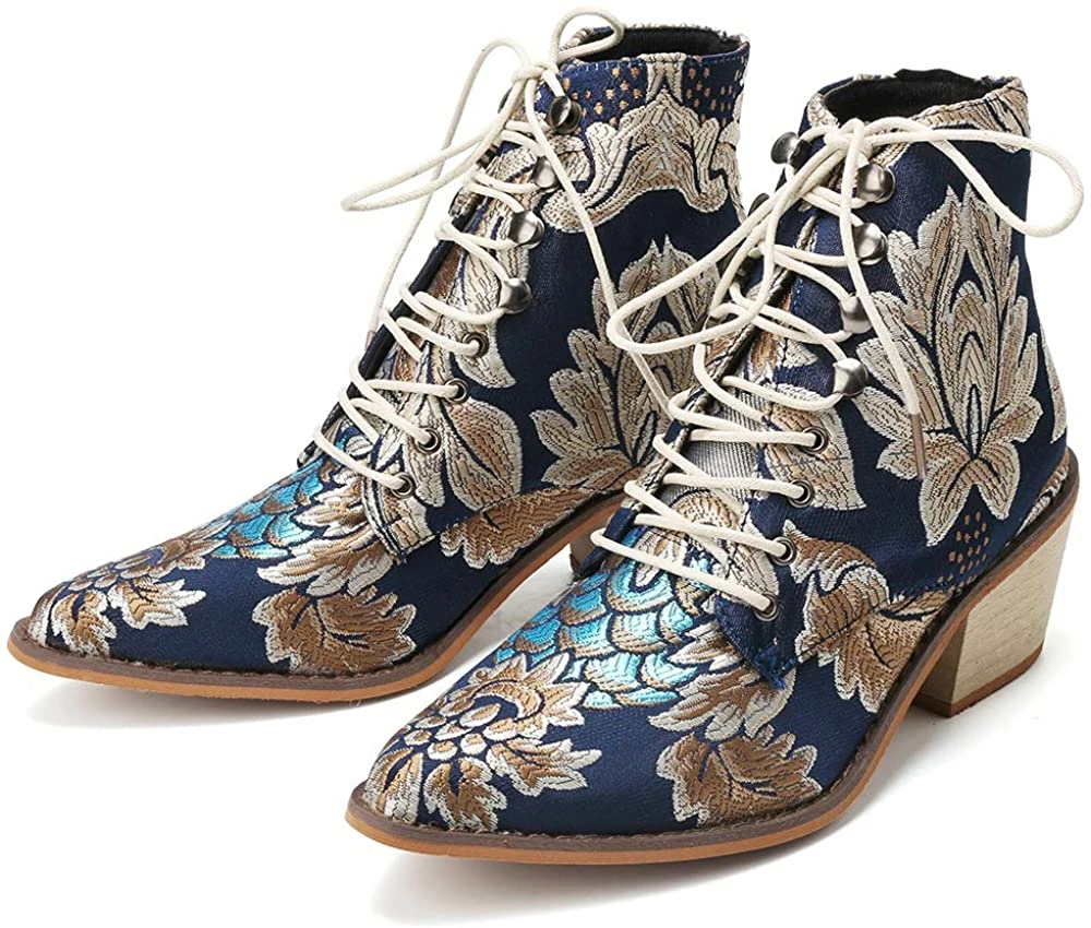 Nuheel® Woman Women's Vintage Ankle Boots Embroidered Low Block Heel 14 Nuheel® Woman Women's Vintage Ankle Boots Embroidered Low Block Heel