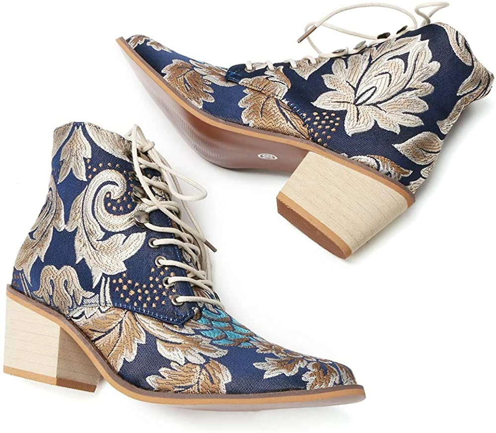 Nuheel® Woman Women's Vintage Ankle Boots Embroidered Low Block Heel 15 Nuheel® Woman Women's Vintage Ankle Boots Embroidered Low Block Heel