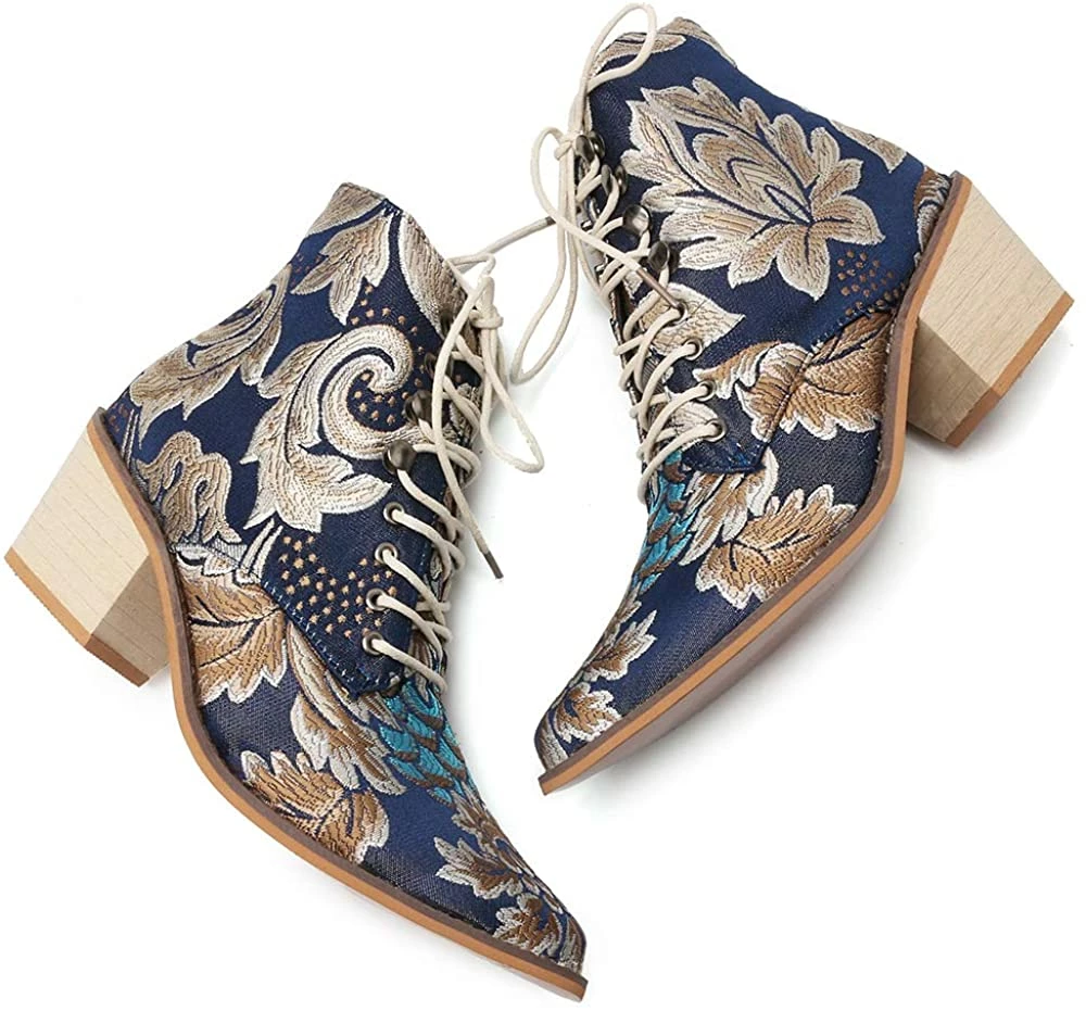 Nuheel® Woman Women's Vintage Ankle Boots Embroidered Low Block Heel 16 Nuheel® Woman Women's Vintage Ankle Boots Embroidered Low Block Heel