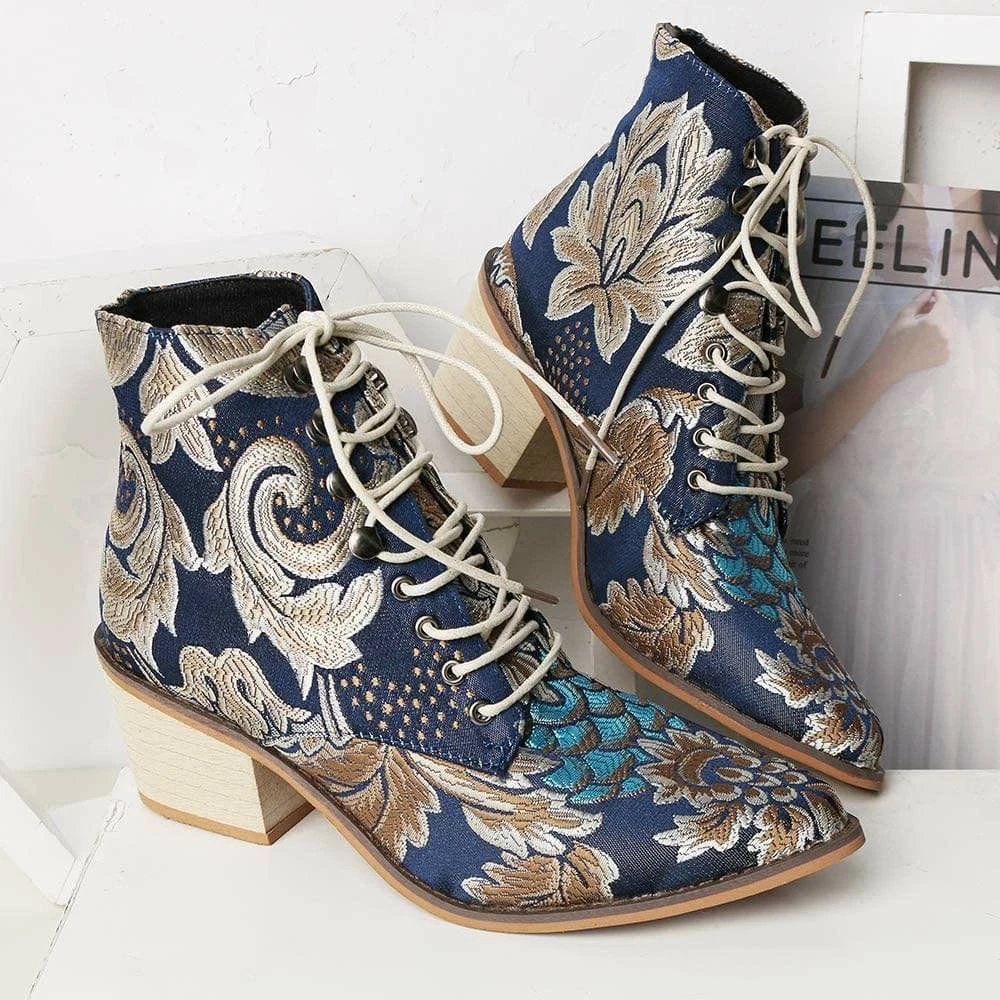 Nuheel® Woman Women's Vintage Ankle Boots Embroidered Low Block Heel 17 Nuheel® Woman Women's Vintage Ankle Boots Embroidered Low Block Heel