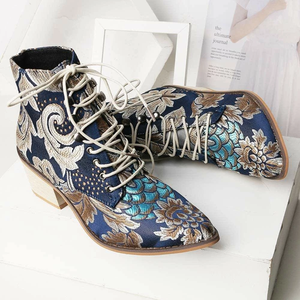 Nuheel® Woman Women's Vintage Ankle Boots Embroidered Low Block Heel 18 Nuheel® Woman Women's Vintage Ankle Boots Embroidered Low Block Heel