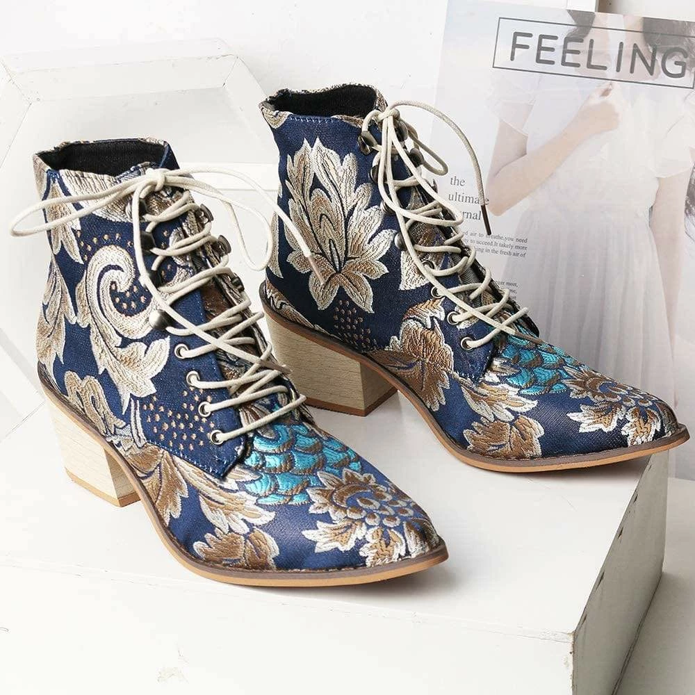 Nuheel® Woman Women's Vintage Ankle Boots Embroidered Low Block Heel 19 Nuheel® Woman Women's Vintage Ankle Boots Embroidered Low Block Heel
