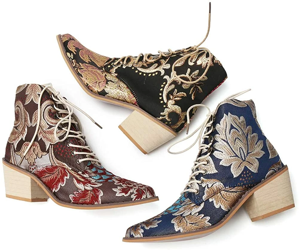 Nuheel® Woman Women's Vintage Ankle Boots Embroidered Low Block Heel 21 Nuheel® Woman Women's Vintage Ankle Boots Embroidered Low Block Heel