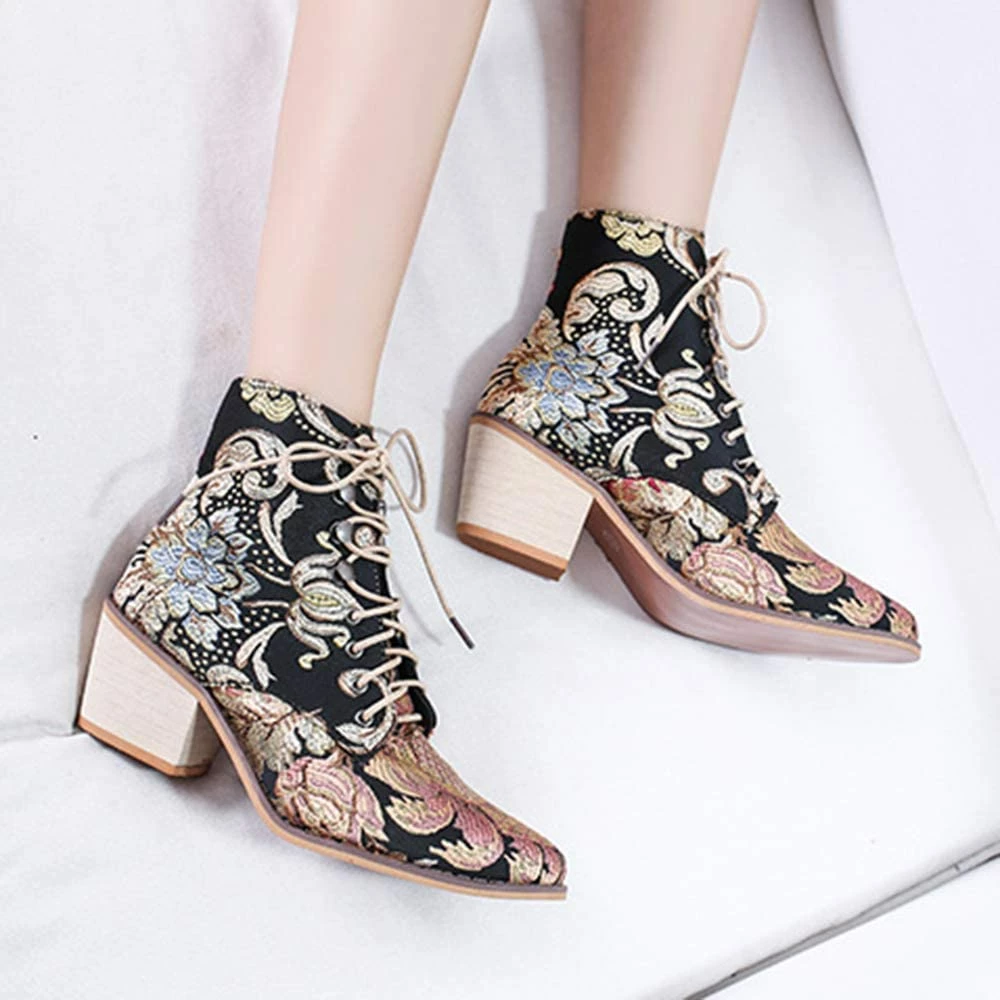 Nuheel® Woman Women's Vintage Ankle Boots Embroidered Low Block Heel 23 Nuheel® Woman Women's Vintage Ankle Boots Embroidered Low Block Heel