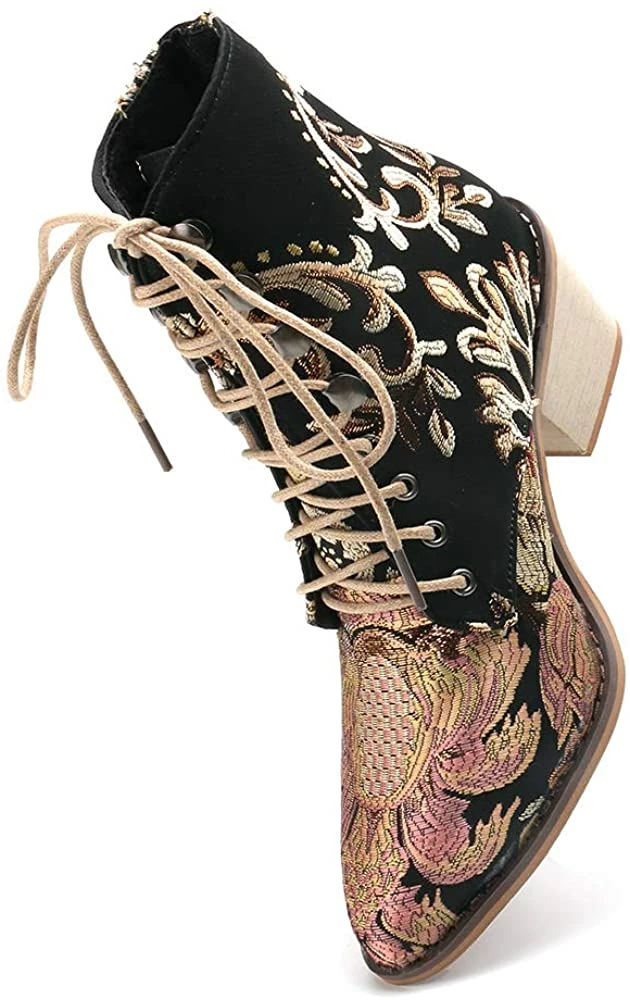 Nuheel® Woman Women's Vintage Ankle Boots Embroidered Low Block Heel 25 Nuheel® Woman Women's Vintage Ankle Boots Embroidered Low Block Heel
