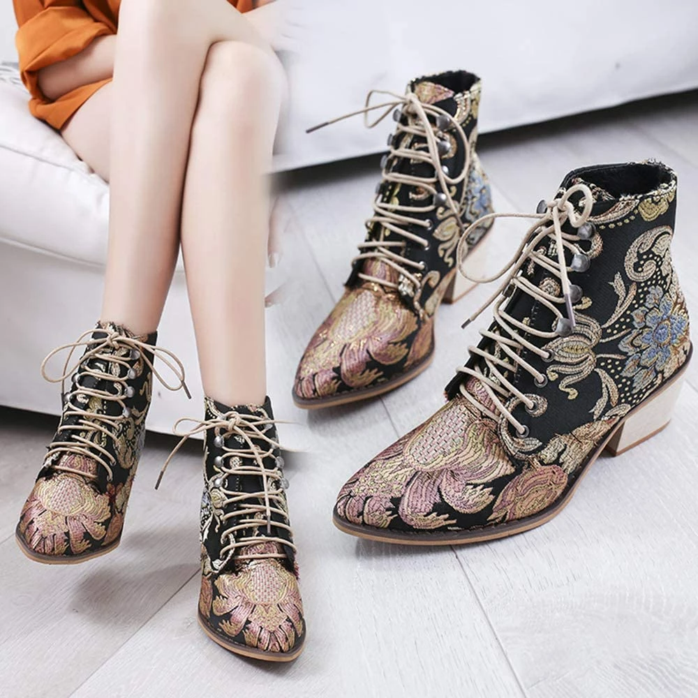 Nuheel® Woman Women's Vintage Ankle Boots Embroidered Low Block Heel 27 Nuheel® Woman Women's Vintage Ankle Boots Embroidered Low Block Heel