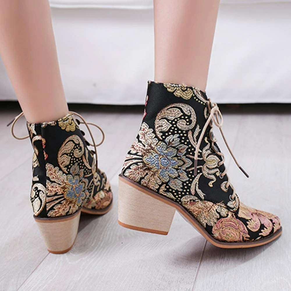 Nuheel® Woman Women's Vintage Ankle Boots Embroidered Low Block Heel 28 Nuheel® Woman Women's Vintage Ankle Boots Embroidered Low Block Heel