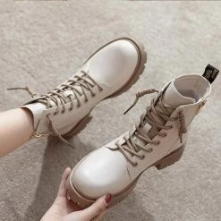 Nuheel® Nuheel Beige Leather Ankle Boots For Women Side Zipper Platform Boots Bootie 12 Ankle & Bootie