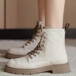 Nuheel® Nuheel Beige Leather Ankle Boots For Women Side Zipper Platform Boots Bootie 12 Ankle & Bootie