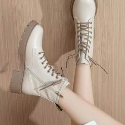 Nuheel® Nuheel Beige Leather Ankle Boots For Women Side Zipper Platform Boots Bootie 12 Ankle & Bootie