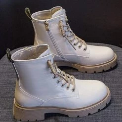 Nuheel® Nuheel Beige Leather Ankle Boots For Women Side Zipper Platform Boots Bootie 12 Ankle & Bootie