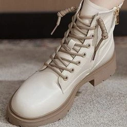 Nuheel® Nuheel Beige Leather Ankle Boots For Women Side Zipper Platform Boots Bootie 12 Ankle & Bootie