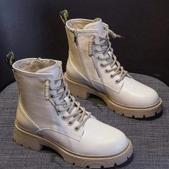 Nuheel® Nuheel Beige Leather Ankle Boots For Women Side Zipper Platform Boots Bootie 12 Ankle & Bootie