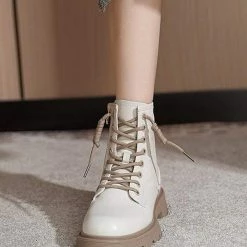 Nuheel® Nuheel Beige Leather Ankle Boots For Women Side Zipper Platform Boots Bootie 12 Ankle & Bootie