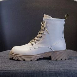 Nuheel® Nuheel Beige Leather Ankle Boots For Women Side Zipper Platform Boots Bootie 12 Ankle & Bootie