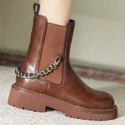 Nuheel® Ankle & Bootie Nuheel Cowhide Ankle Boots For Women Punk Chain Chelsea Boots Bootie 12 19 Nuheel® Ankle & Bootie Nuheel Cowhide Ankle Boots For Women Punk Chain Chelsea Boots Bootie 12