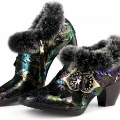 Nuheel® Womens Leather Ankle Boots Low Block Heel Boots Winter Fur Lined Woman