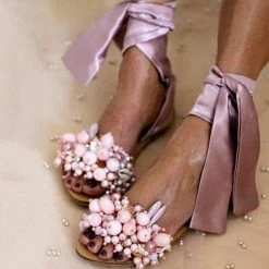 Nuheel® Woman Women Pearl Ankle Strap Flat Wedding Sandals Bohemia Flip Flops Beach Sandals