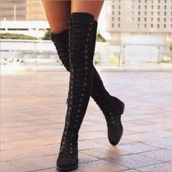 Nuheel® Nuheel Suede Thigh High Boots Front Tie Low Heel Over The Knee Boots 11