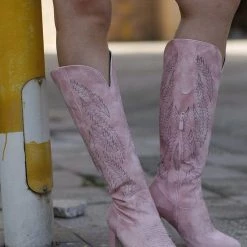 Nuheel® Nuheel Pink Cowgirl Boots Women Embroidery Platforms Boots Fashion Western Boots High Boots Woman