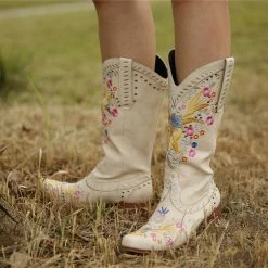 Nuheel® Woman Nuheel Embroidery Cowgirl Boots Women Middle Tube Platforms Boots Women Cowboy Boots Comfortable Western Boots Knee High Boots For Women Zipper Hidden