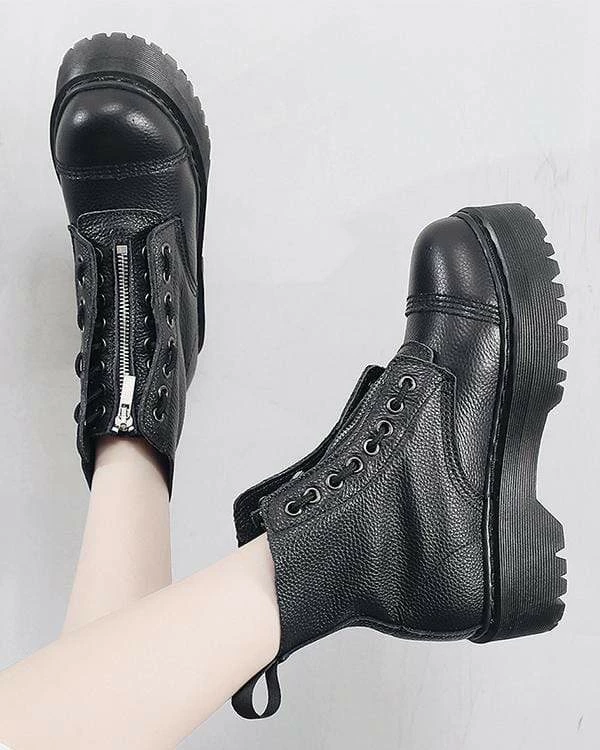Nuheel® Nuheel Cowhide Platform Boots For Women Front Zipper Combat Boots Black Boots 10 Ankle & Bootie 10 Nuheel® Nuheel Cowhide Platform Boots For Women Front Zipper Combat Boots Black Boots 10 Ankle & Bootie