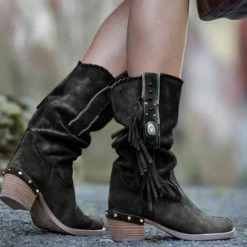 Nuheel® Nuheel Indian Style Tassel Ankle Boots Thick Heel Snow Boots Women Bootie 11