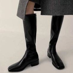 Nuheel® Nuheel Leather Square Head Knee High Boots For Women Black Boots 11
