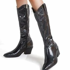 Nuheel® Nuheel Patent Leather Knee High Boots Thick Heel Pointed Black Boots For Women Heeled Boots
