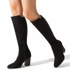 Nuheel® Woman Nuheel Suede Knee High Boots Thick Heel Black Boots For Women Heeled Boots 9.5