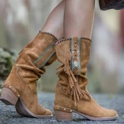 Nuheel® Nuheel Indian Style Tassel Ankle Boots Thick Heel Snow Boots Women Bootie 11