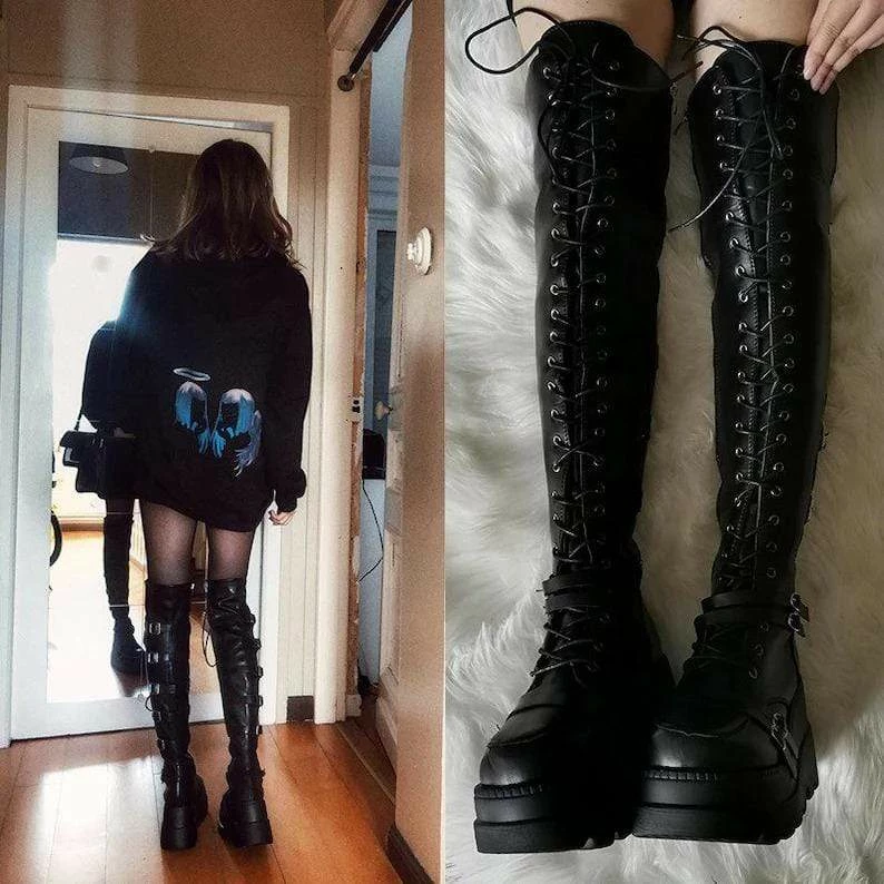 Nuheel® Nuheel Gothic High Heels Long Boots Dark Punk Goth Harajuku Platforms Above The Knee Boots 11 Nuheel® Nuheel Gothic High Heels Long Boots Dark Punk Goth Harajuku Platforms Above The Knee Boots