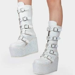 Nuheel® Ankle & Bootie Nuheel Gothic Wedges Boots Glittered Pink Chunky Platform Motorcycles Boots