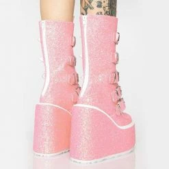 Nuheel® Ankle & Bootie Nuheel Gothic Wedges Boots Glittered Pink Chunky Platform Motorcycles Boots
