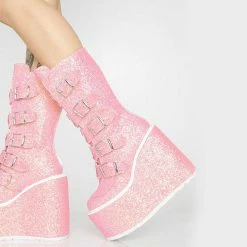 Nuheel® Ankle & Bootie Nuheel Gothic Wedges Boots Glittered Pink Chunky Platform Motorcycles Boots