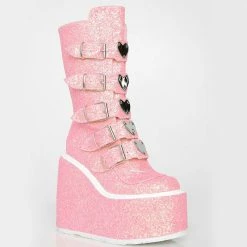 Nuheel® Ankle & Bootie Nuheel Gothic Wedges Boots Glittered Pink Chunky Platform Motorcycles Boots