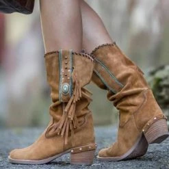 Nuheel® Nuheel Indian Style Tassel Ankle Boots Thick Heel Snow Boots Women Bootie 11