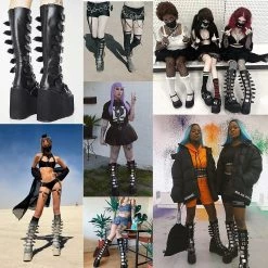 Nuheel® High Boots Nuheel Metal Buttons Black Platform Boots For Women Heel Height 4.7 Inches