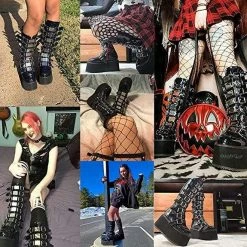 Nuheel® High Boots Nuheel Metal Buttons Black Platform Boots For Women Heel Height 4.7 Inches