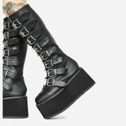 Nuheel® High Boots Nuheel Metal Buttons Black Platform Boots For Women Heel Height 4.7 Inches