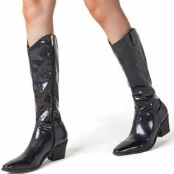 Nuheel® Nuheel Patent Leather Knee High Boots Thick Heel Pointed Black Boots For Women Heeled Boots