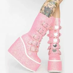 Nuheel® Ankle & Bootie Nuheel Gothic Wedges Boots Glittered Pink Chunky Platform Motorcycles Boots
