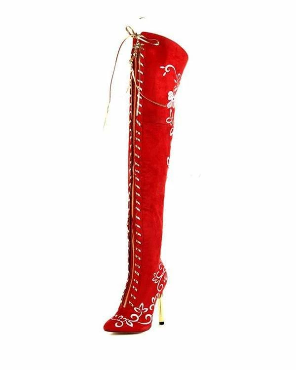 Nuheel® Woman Nuheel Embroidery Thigh High Boots Front Zipper Knee High Boots Over The Knee Boots 6 Nuheel® Woman Nuheel Embroidery Thigh High Boots Front Zipper Knee High Boots Over The Knee Boots
