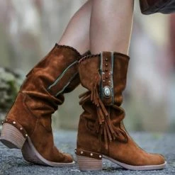Nuheel® Nuheel Indian Style Tassel Ankle Boots Thick Heel Snow Boots Women Bootie 11