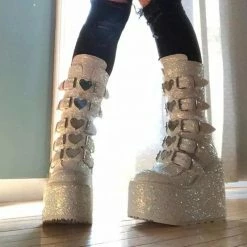 Nuheel® Ankle & Bootie Nuheel Gothic Wedges Boots Glittered Pink Chunky Platform Motorcycles Boots