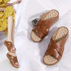 Nuheel® Woman Women Wedge Sandals PU Leather Open Toe Filp Flops Platform Shoes