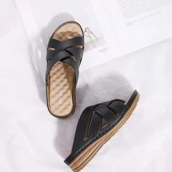 Nuheel® Woman Women Wedge Sandals PU Leather Open Toe Filp Flops Platform Shoes