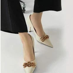 Nuheel® Nuheel Leather Black Heels Metal Chain Stilettos Nude Heels 11